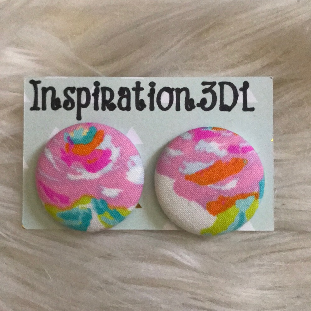 Floral Print Handmade Button Earrings